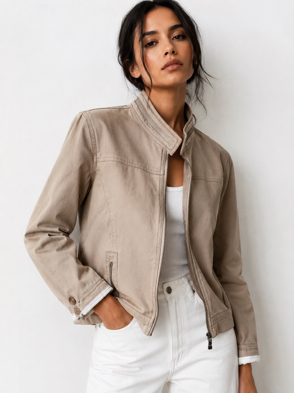 CBK Sport Beige Cotton Moto Utility Jacket Zip Pockets Size Medium
